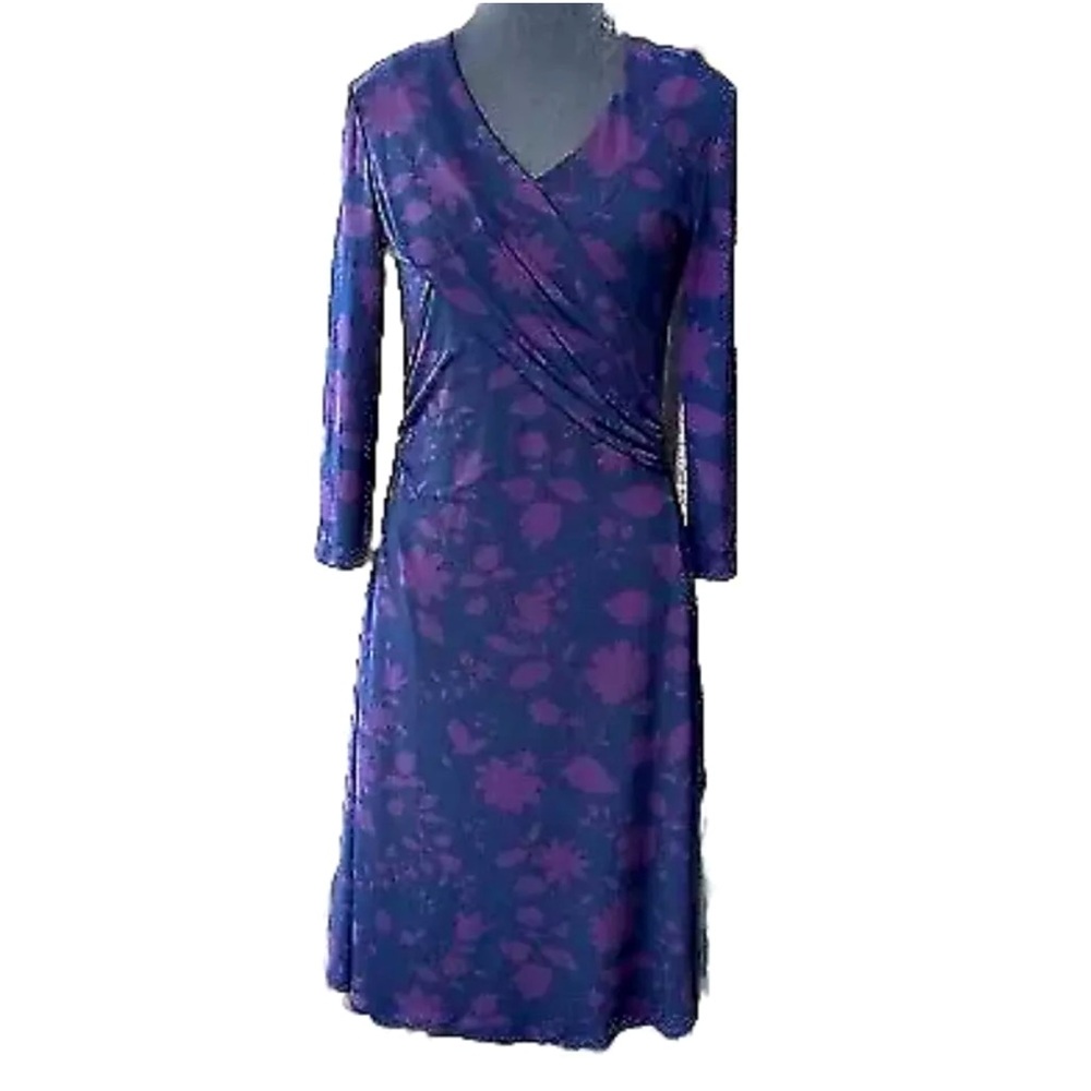 Brooks Brothers Violette-Print Navy Surplice Jersey Faux Wrap Jersey Dress Small